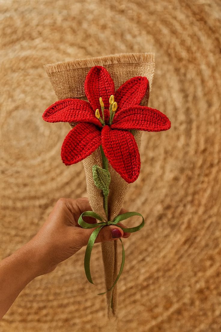 Red Lily Crochet Flower – Handmade Knitted Floral Gift & Aesthetic Room Décor