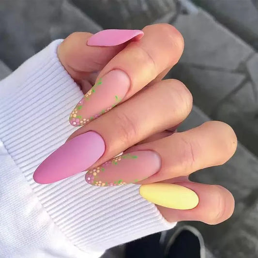Matte pink-yellow press-on nails with delicate floral detail 24 Press-On Nails