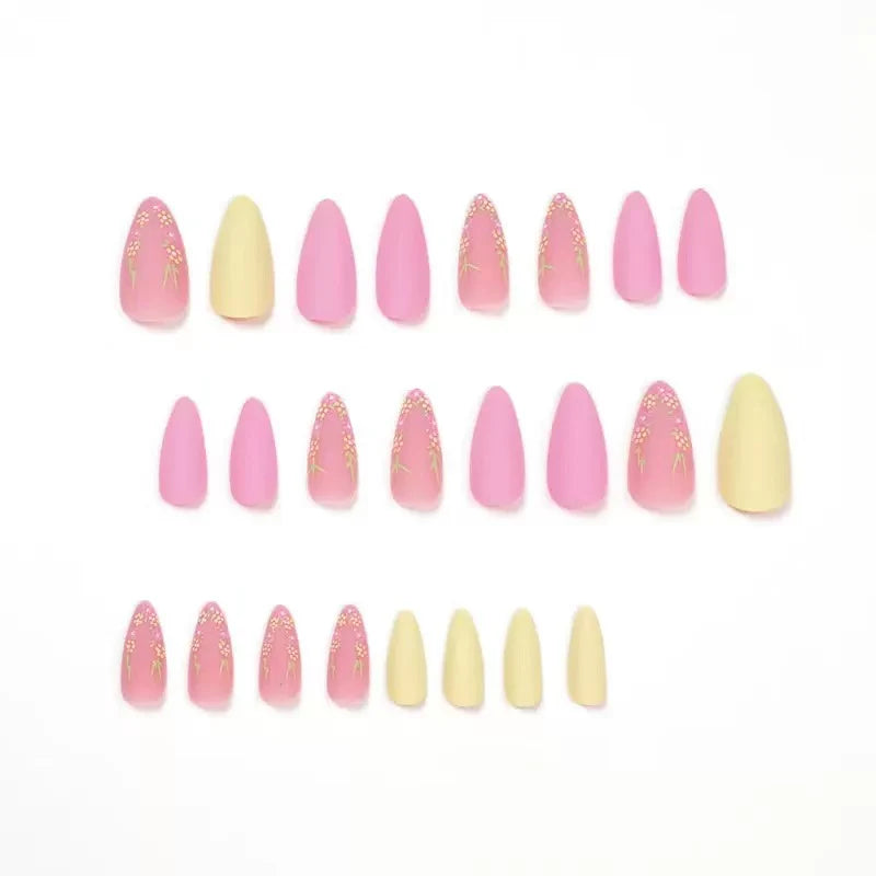 Matte pink-yellow press-on nails with delicate floral detail 24 Press-On Nails