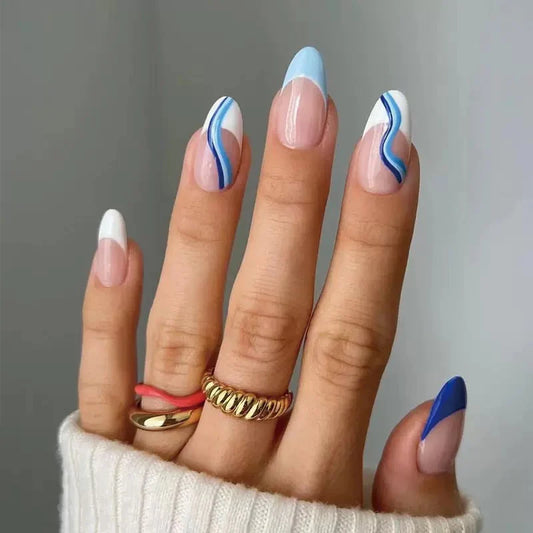 Light blue nails with abstract line decor 24 Press-On Nails