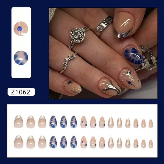 Navy blue press-on nails with geometric decor 24 Press-On Nails