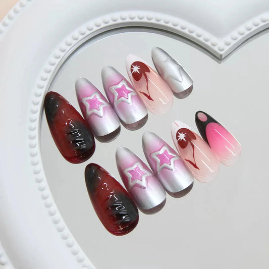 Burgundy stiletto press-on nails with glitter art- 24 Press-On Nails