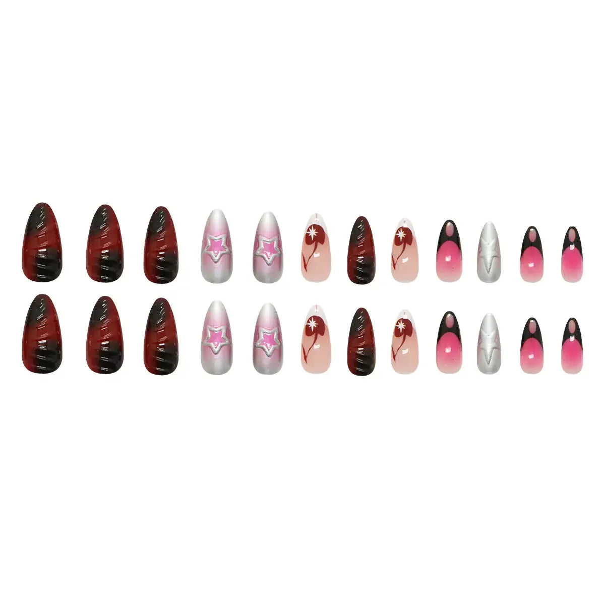 Burgundy stiletto press-on nails with glitter art- 24 Press-On Nails