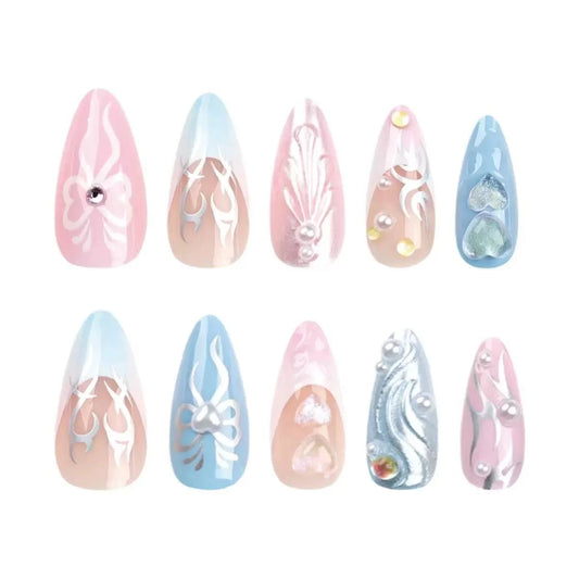 Pastel blue-pink stiletto nails with glitter 24 Press-On Nails