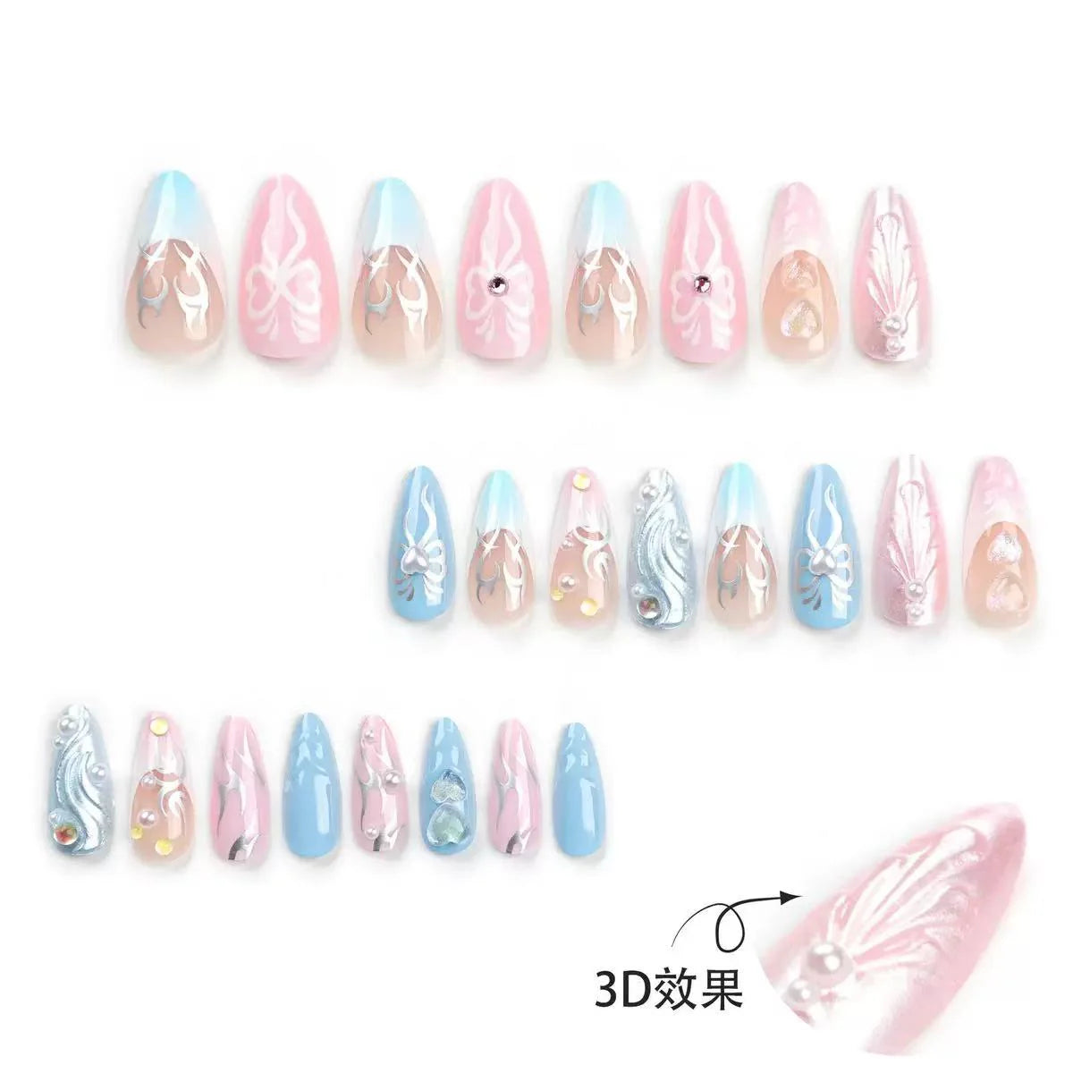 Pastel blue-pink stiletto nails with glitter 24 Press-On Nails