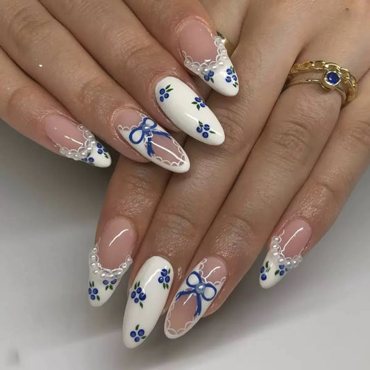 White nails with blue cherries and glitter decor–  24 Press-On Nails