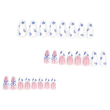 White nails with blue cherries and glitter decor–  24 Press-On Nails