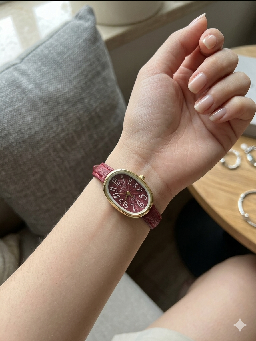 MRUIKA burgundy leather watch