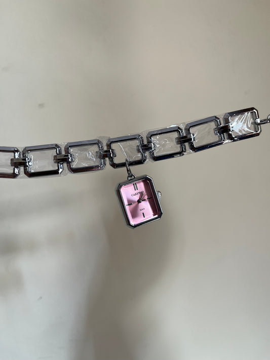 Hanging charm style pink dial with  silver bracelet Watch