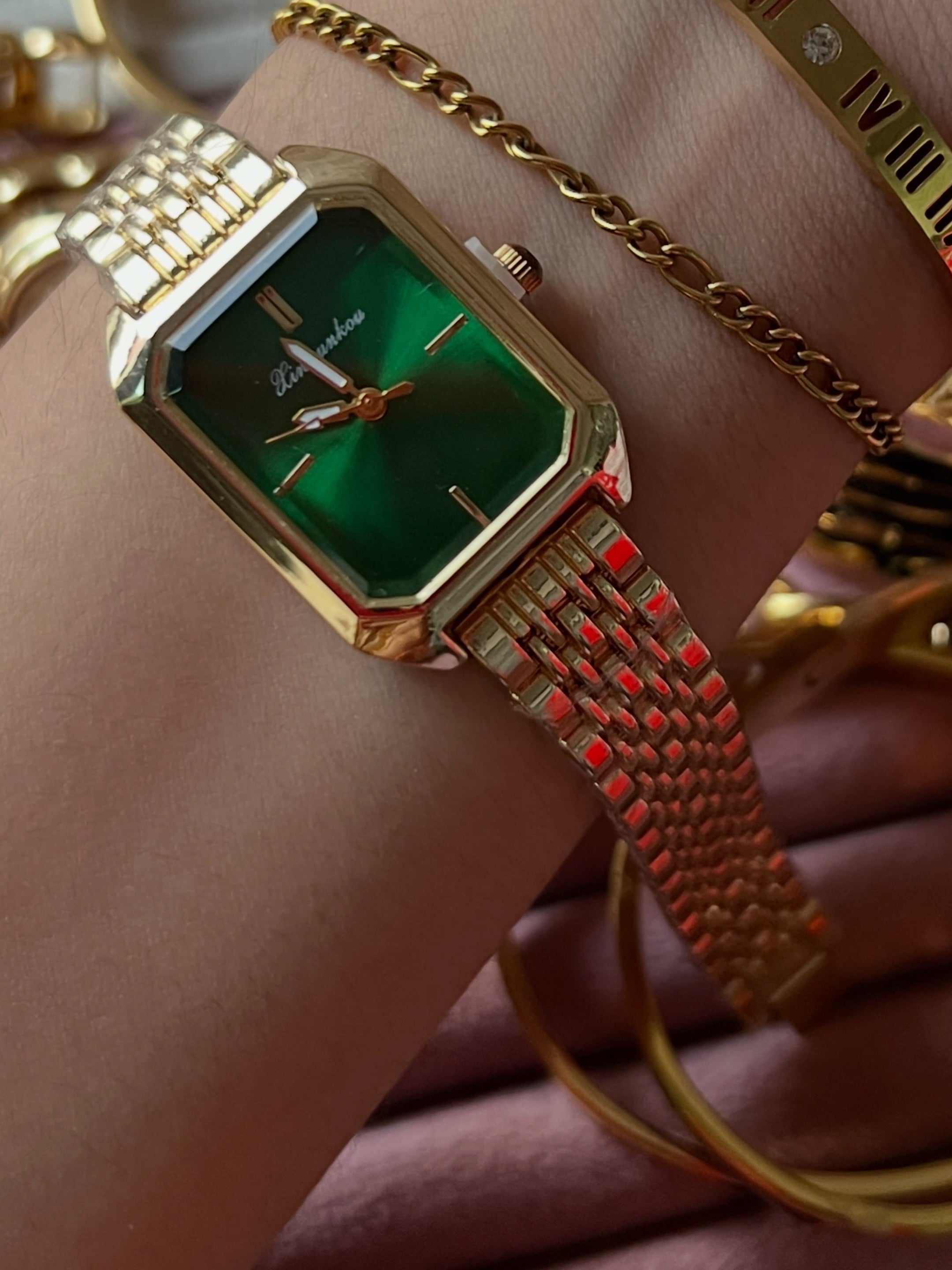 Green rectangular dial watch