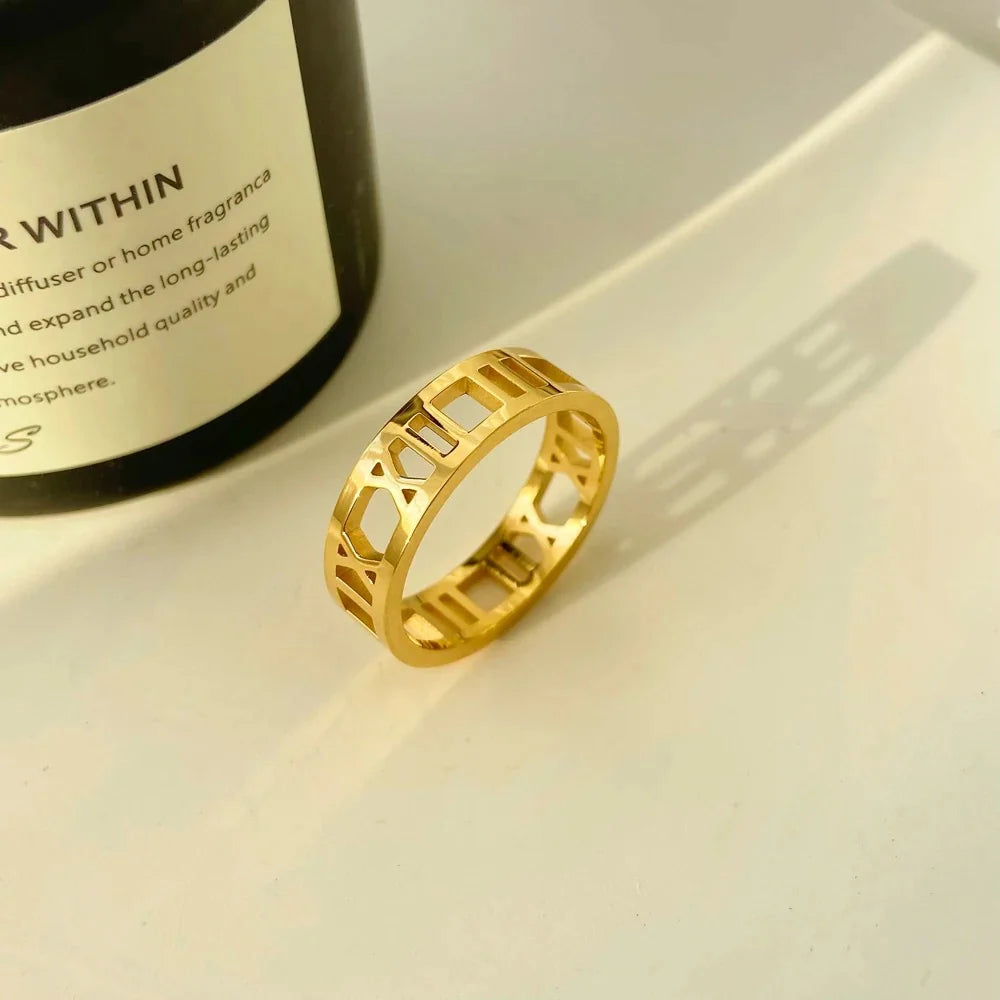 Solid Roman Ring for Women – 18K Gold Plated Waterproof Stainless Steel Luxury Statement Ring