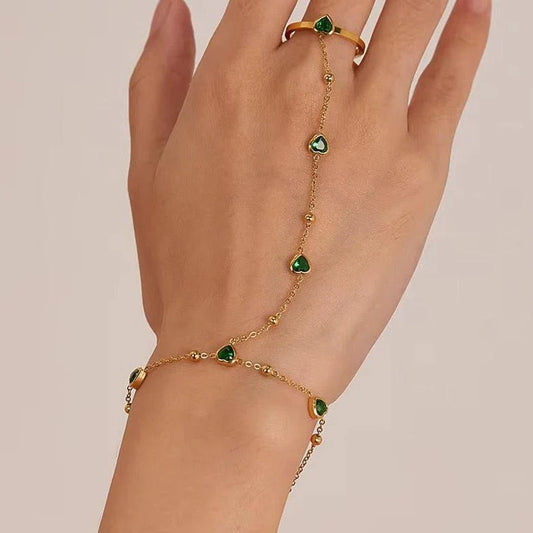 Green Emerald Heart Ring Hand Chain Bracelet – 18K Gold Plated Waterproof Stainless Steel Luxury Jewelry for Women