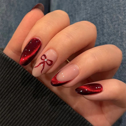 Ruby Red Chrome French Nails with Bow Accent- 24 Press-On Nails (Copy)