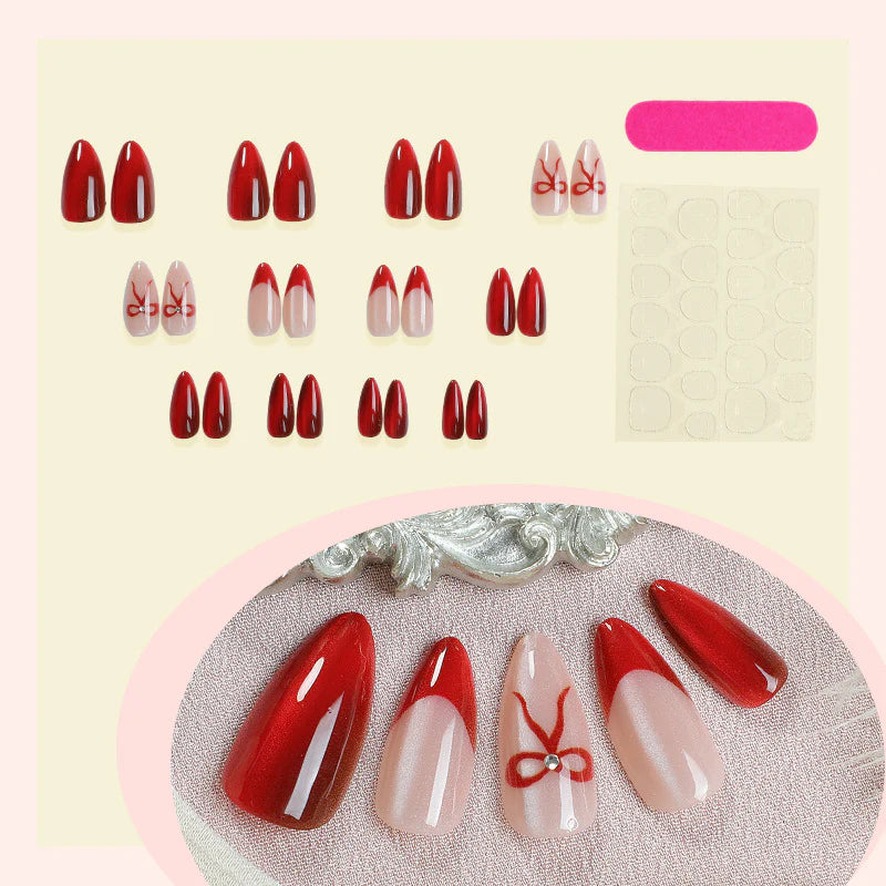 Ruby Red Chrome French Nails with Bow Accent- 24 Press-On Nails (Copy)