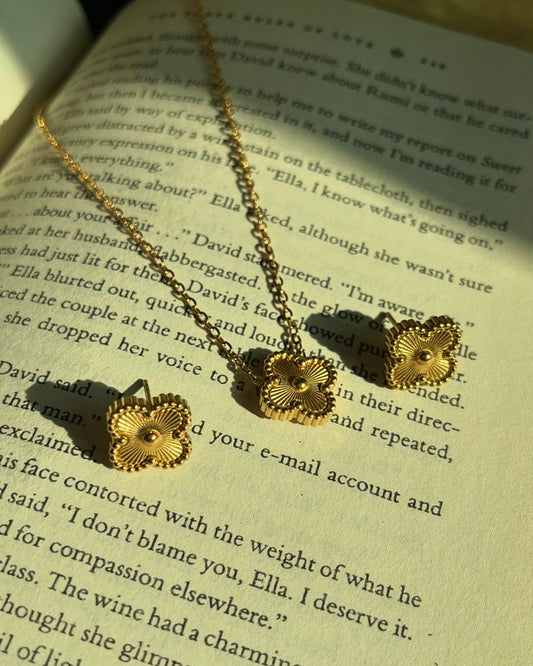 Golden Clover Jewelry Set for Women – 18K Gold Plated Stainless Steel Waterproof Tarnish Free Pendant with Studs