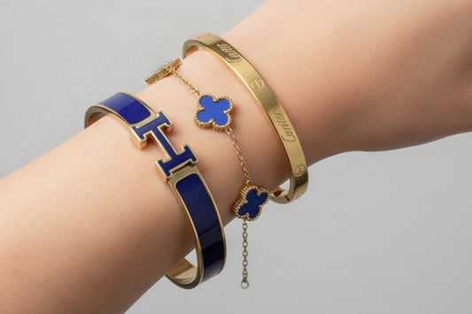 Faux handcuff/Blue clover bracelet/Love handcuff stack