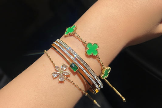 Green emerald rhinestone handcuff/Green clover bracelet/solitaire bracelet
