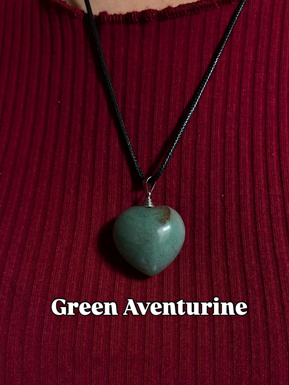 Green Aventurine Heart Necklace – Original Gemstone Black Rope Chain Healing Crystal Jewelry for Women