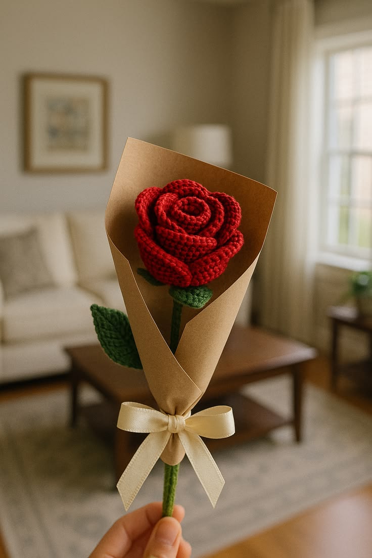 Knitted Red Rose Crochet Flower – Handmade Romantic Gift & Aesthetic Room Décor