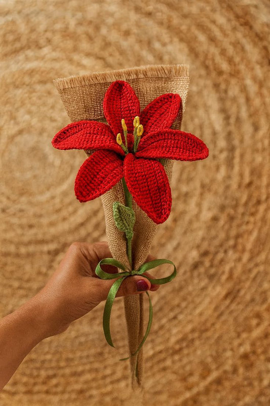 Red Lily Crochet Flower – Handmade Knitted Floral Gift & Aesthetic Room Décor